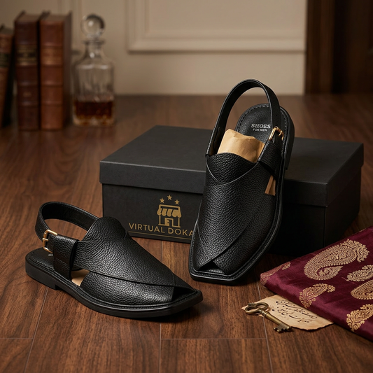 Men's Black Leather Peshawari Chappal – Handmade Premium Sandal