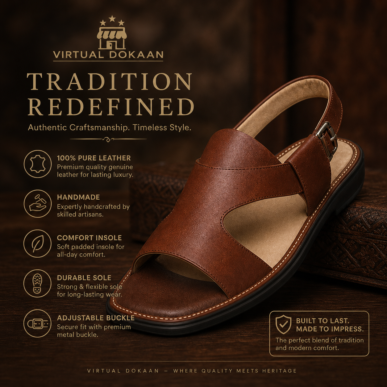 Handmade brown leather chappal adjustable buckle