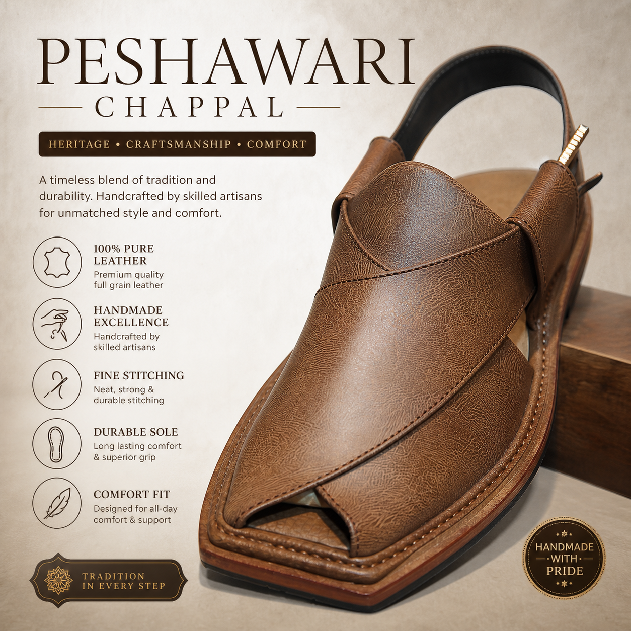 Handmade Peshawari chappal anti-slip sole