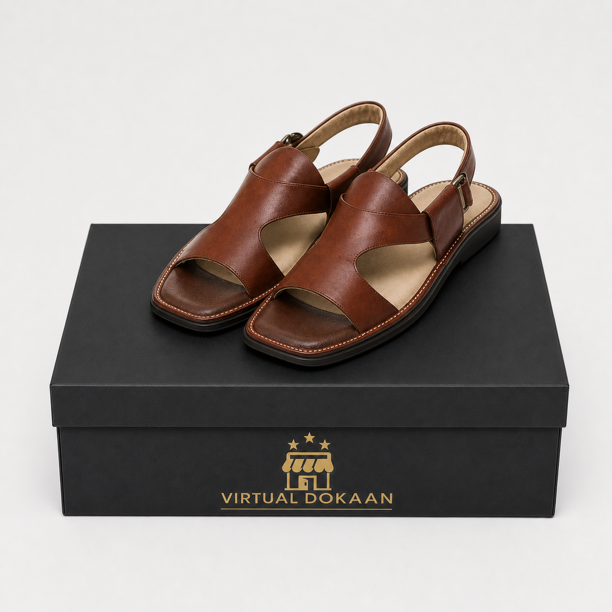 Brown leather Arabic style Peshawari chappal with buckle strap
