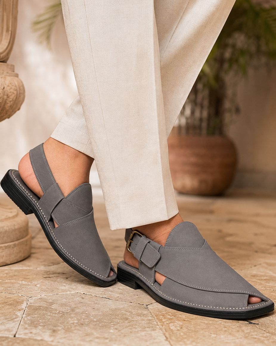 Grey handmade leather Kaptaan Peshawari chappal for men