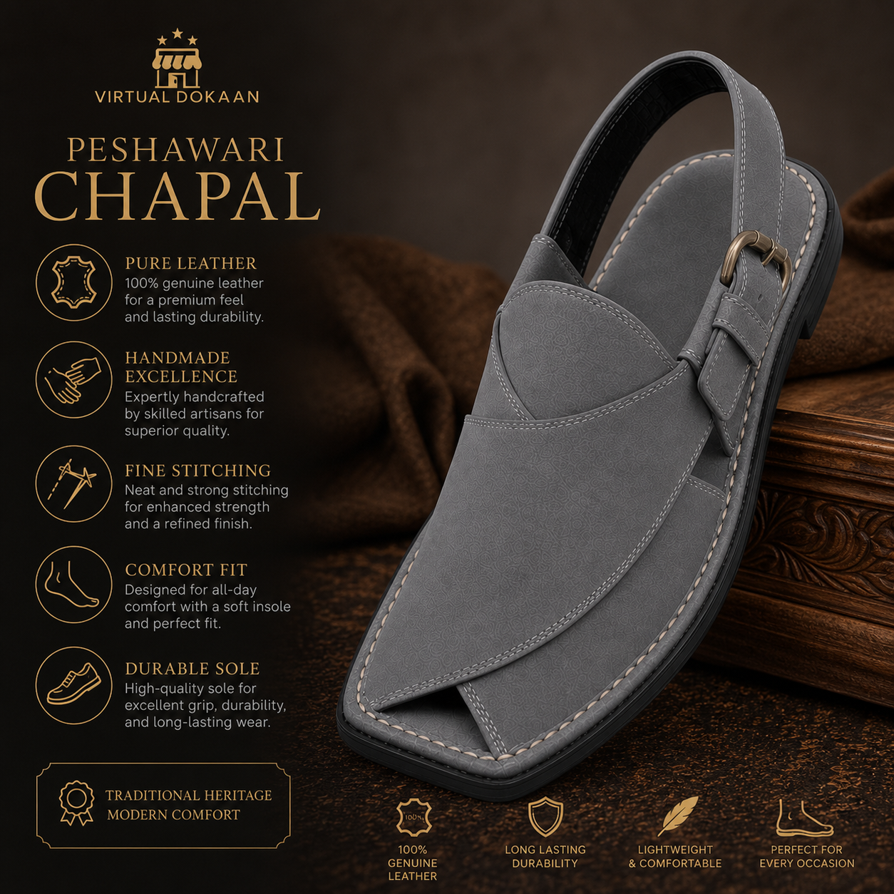Grey Peshawari chappal cushioned footbed
