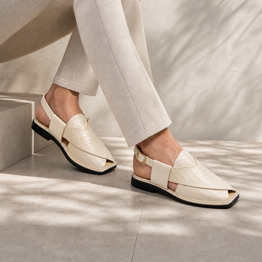 Cream crocodile texture leather Peshawari chappal for weddings