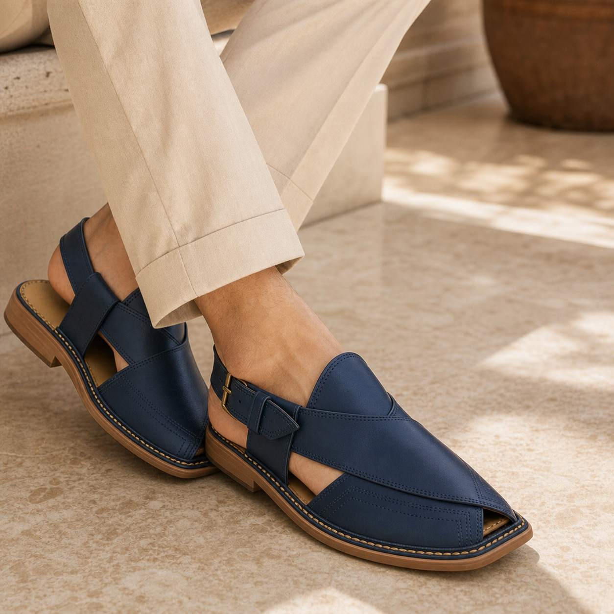 Men's blue leather Peshawari chappal with soft sole – Virtual Dokaan