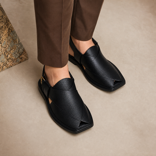 Men's Black Leather Peshawari Chappal – Handmade Premium Sandal