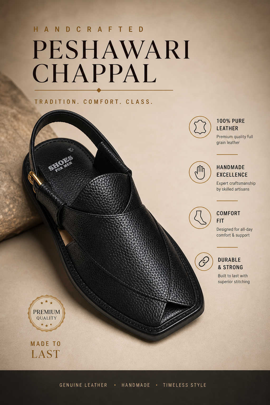 Men's Black Leather Peshawari Chappal – Handmade Premium Sandal