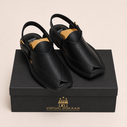 Men's Black Leather Peshawari Chappal – Handmade Premium Sandal