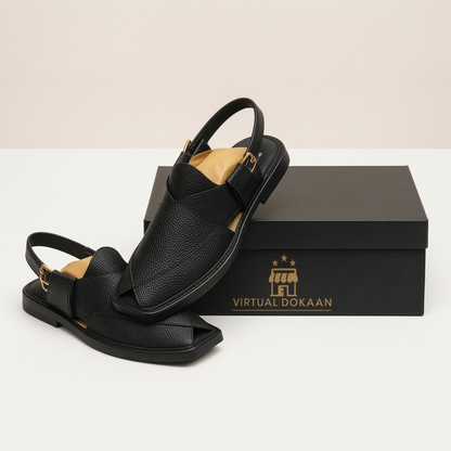 Men's Black Leather Peshawari Chappal – Handmade Premium Sandal