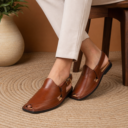 Premium brown genuine leather Kaptaan Peshawari chappal for men