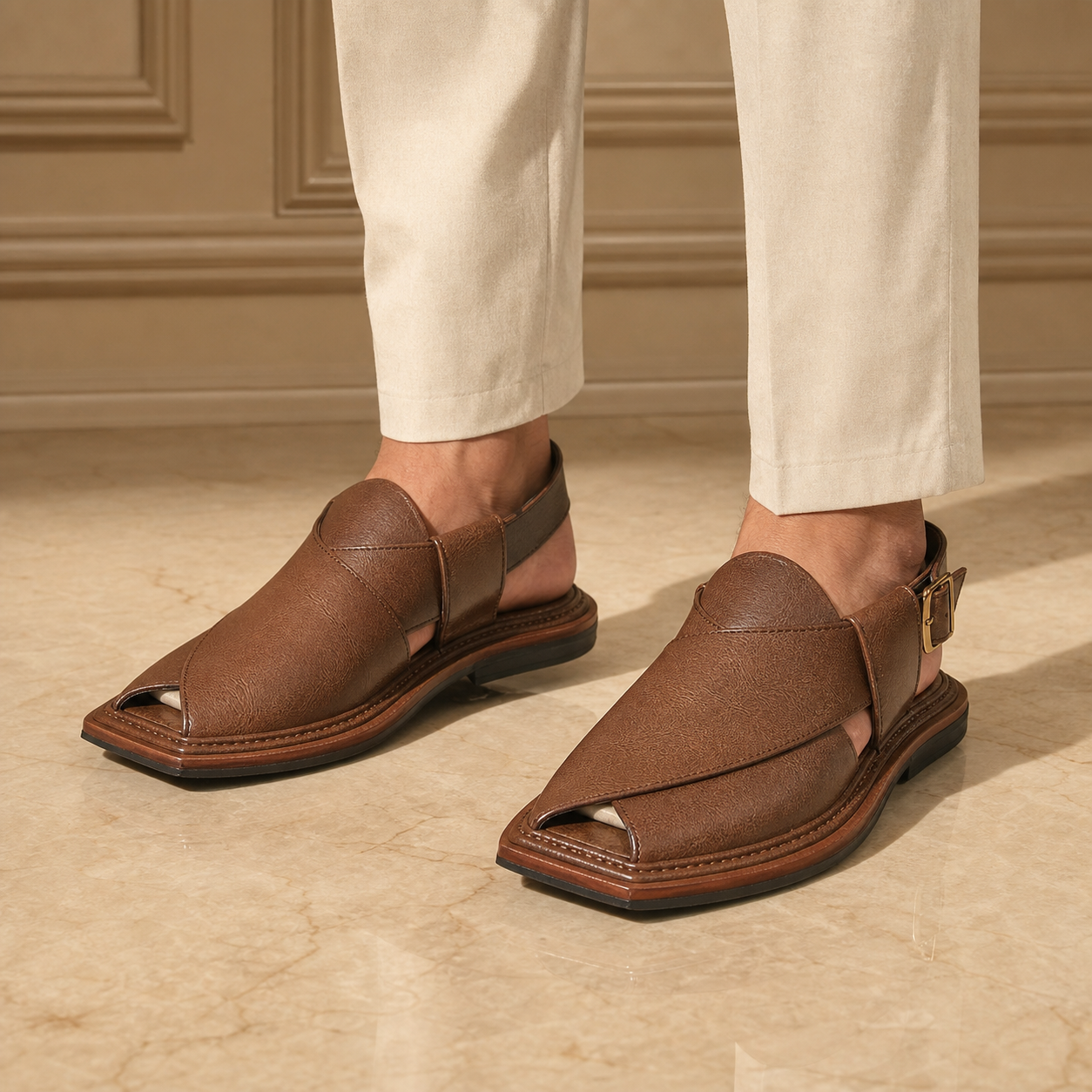 Premium light brown handmade leather Kaptaan Peshawari chappal