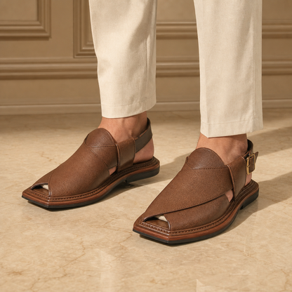 Premium light brown handmade leather Kaptaan Peshawari chappal