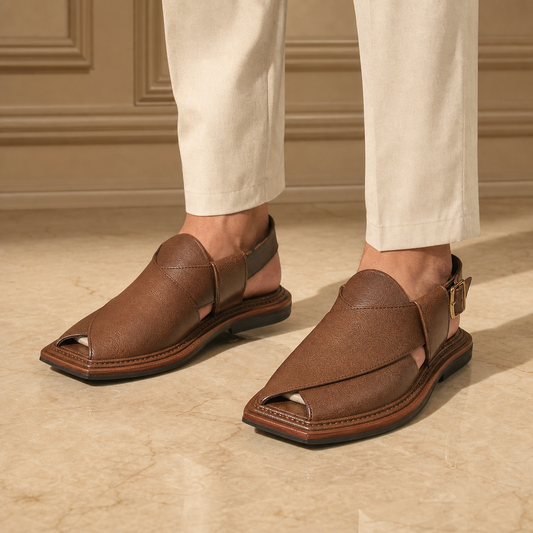 Premium light brown handmade leather Kaptaan Peshawari chappal