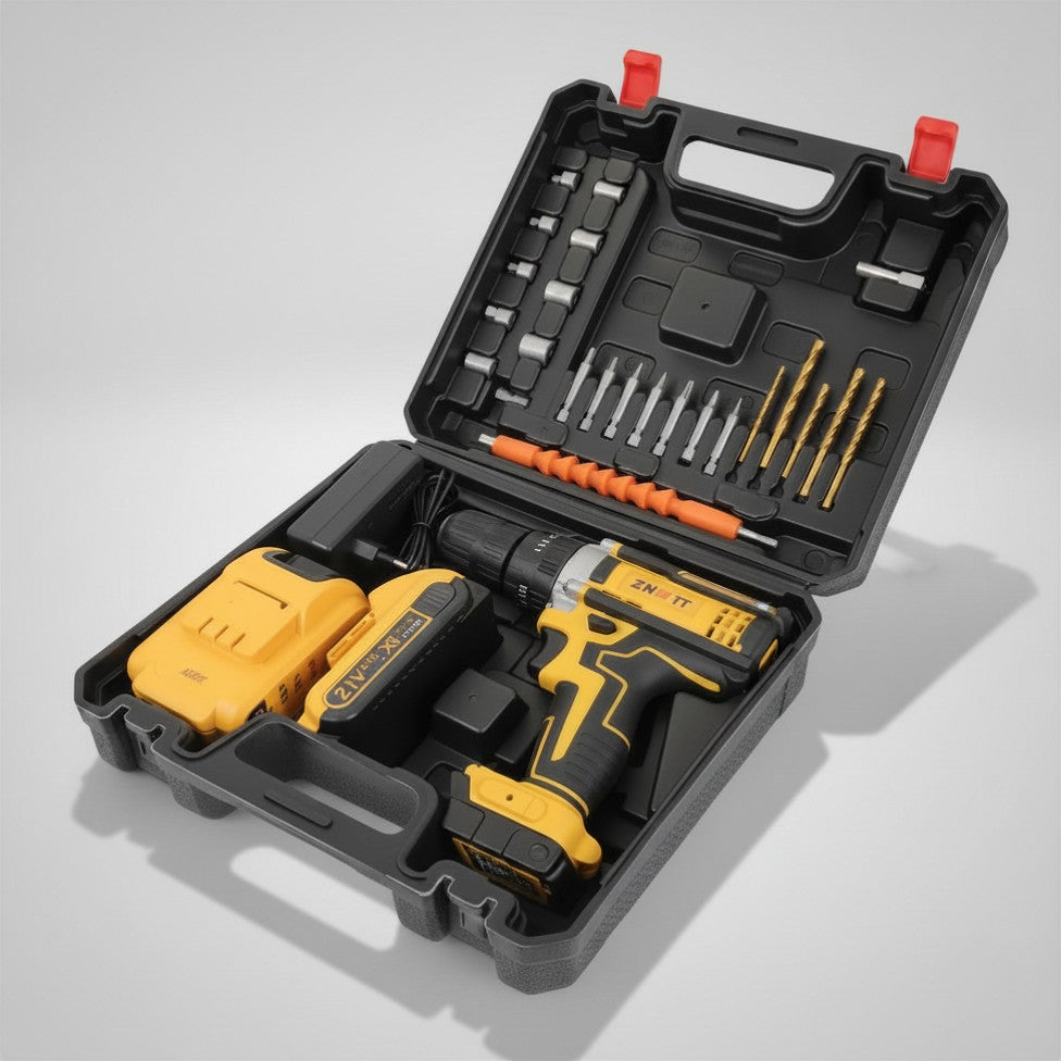 Cordless Drill Machine Kit with 2 Batteries & 26 Accessories – Portable Rechargeable Impact Drill Set